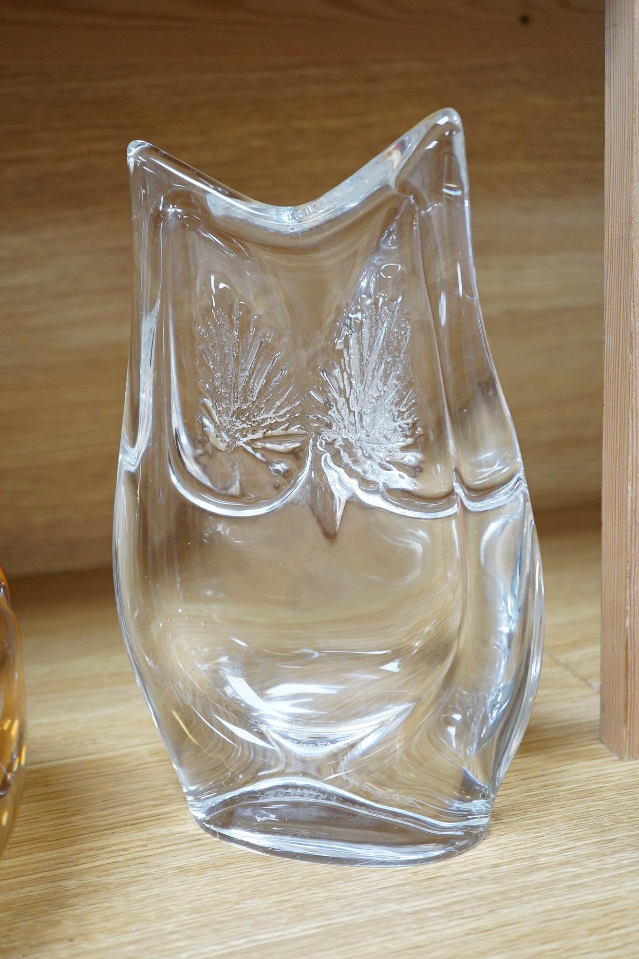 A Daum Nancy orange glass vase and a statue of an owl, largest 24cm high